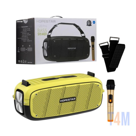 COLUNA PORTÁTIL BLUETOOTH HOPESTAR A20 PRO TWS/HANDS-FREE/U DISK/TF/AUX COM MICROFONE SUPORTE POWER BANK 35W AMARELO